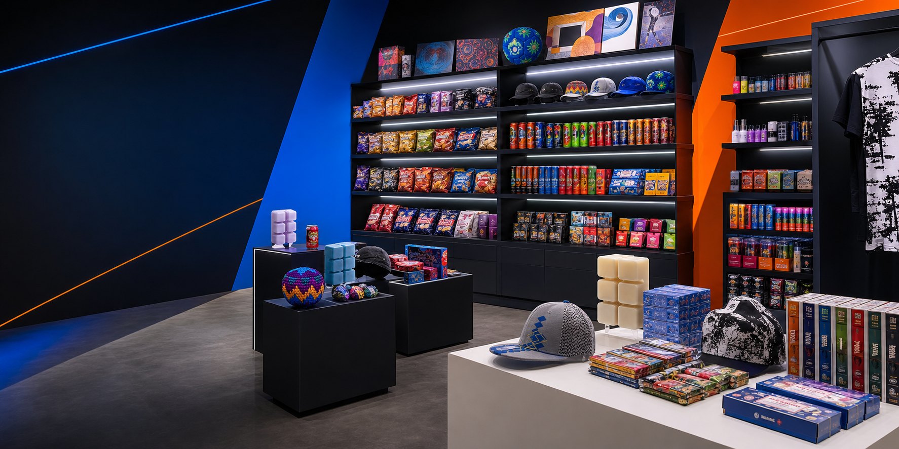 Generated retail interior with geometric blue and orange walls and full shop shelves