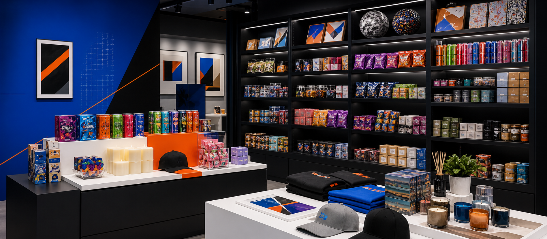 Generated retail shelves with snacks, drinks, candles, gifts, apparel, and art in The Next Level colors