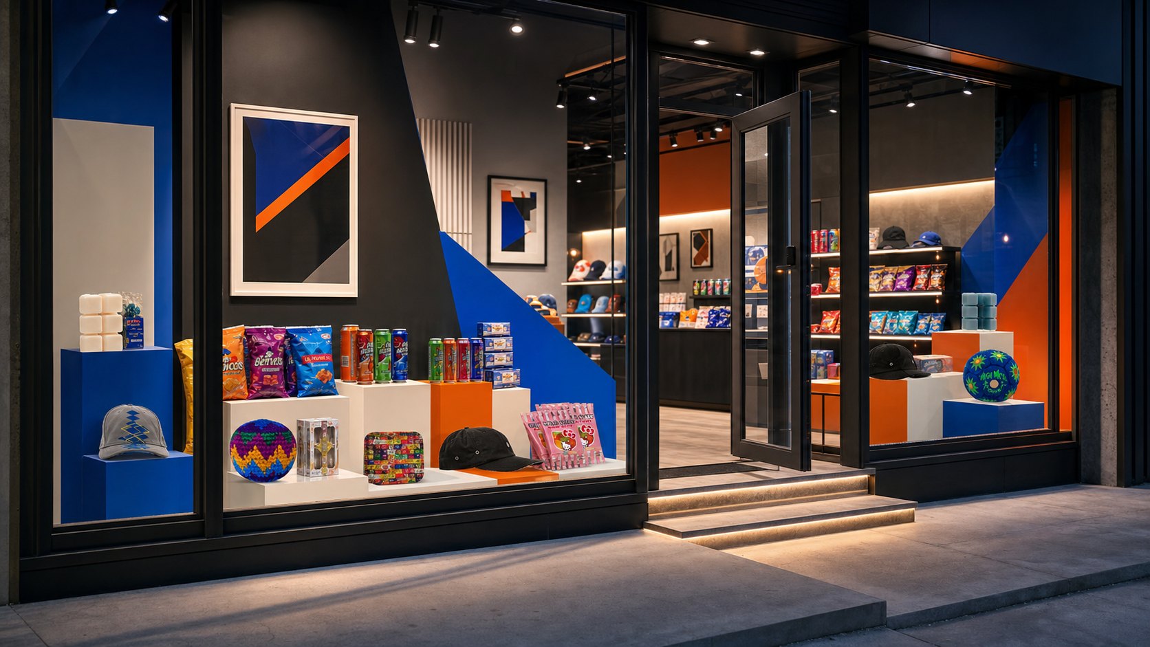 Generated storefront window display with colorful retail goods